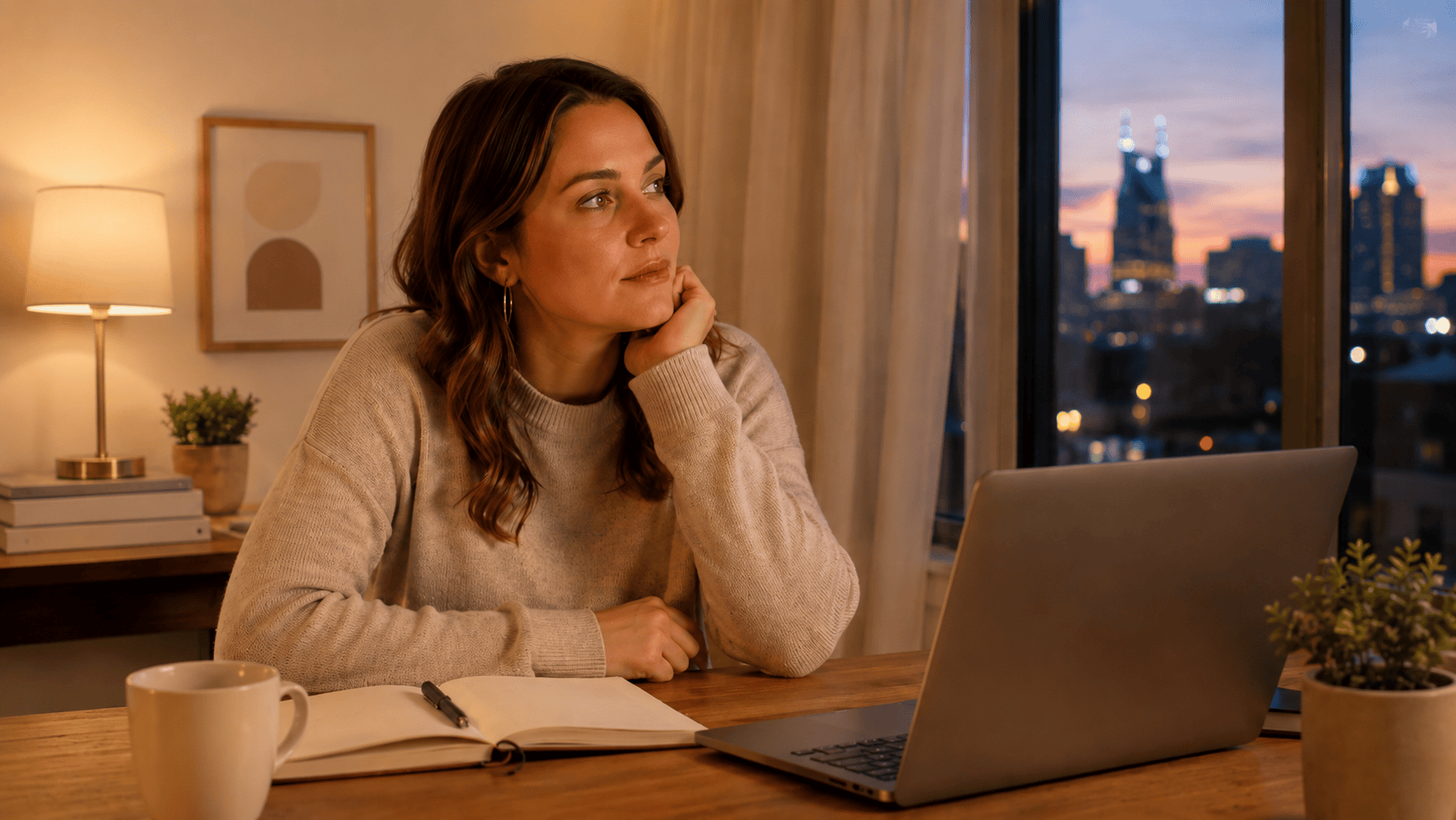 Woman sitting at a desk in the evening, looking thoughtful after a day of work.